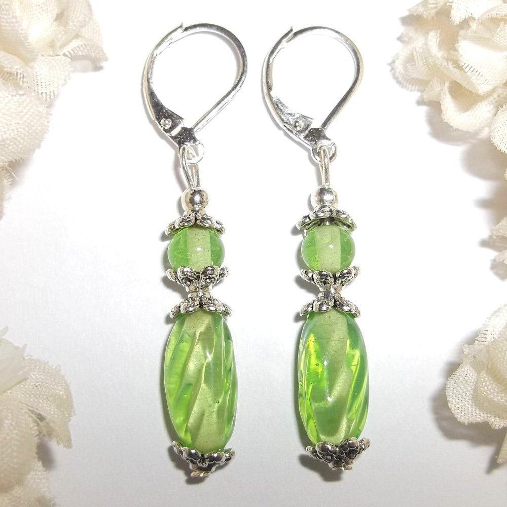 Green and Silver Beaded Earring Set Handmade Jewelry Gift Idea for Her Girl 6707